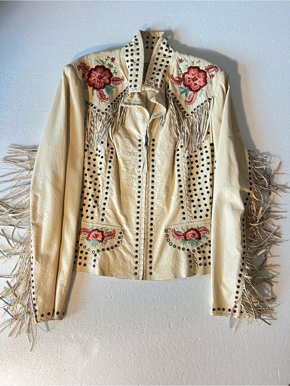 Double D Ranch Cream Leather Fringe Jacket with Embroidered Florals size M - Picture 2 of 16